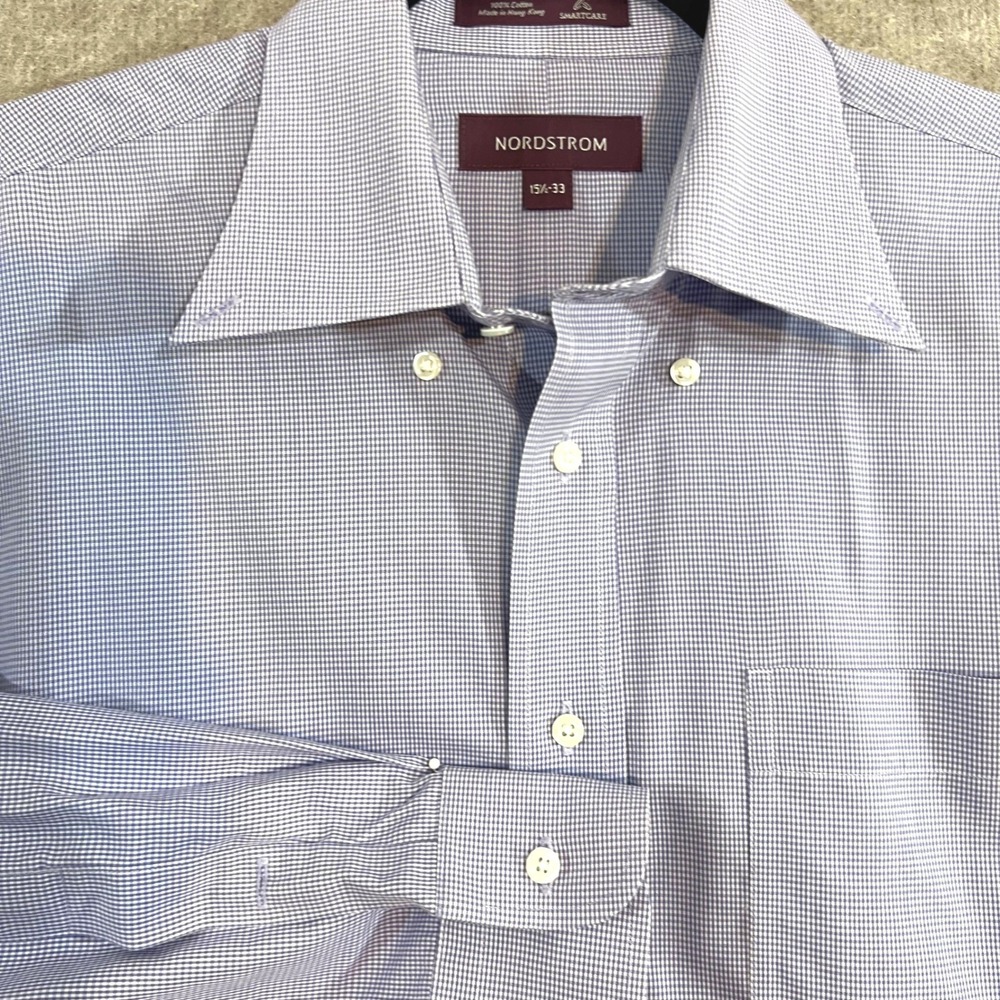 Nordstrom Button Down Shirt Mens 15.5-33 Purple Gingham Smartcare Formal Office